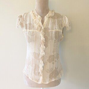 New Arden B Luxe Cap Sleeves Beige Printed Button Down Top